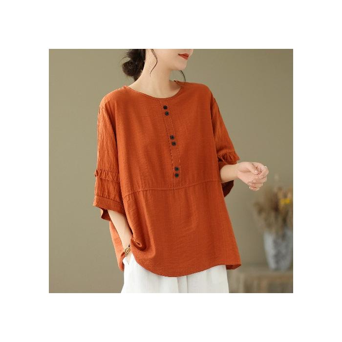 Summer Women Plus Size Round Neck Solid Color Tops Loose Cotton and Linen Button Comfortable Casual Short Sleeved T-shirt