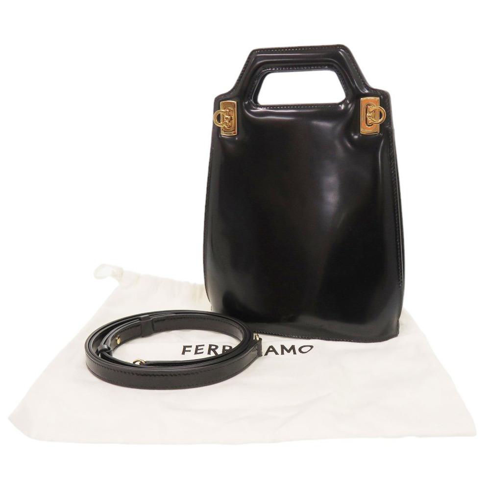 Used AUTHENTIC Salvatore Ferragamo 213494 Gancini Wanda Mini Hand Bag Black Leather