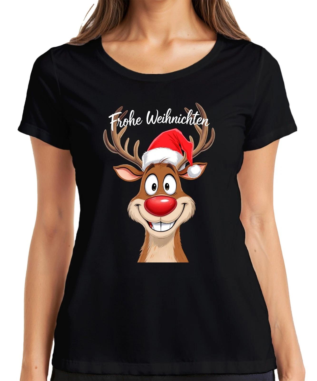Frohe Weihnachten Rentier Rudolph Cartoon Lustig Weihnachtsmütze Damen T-Shirt L