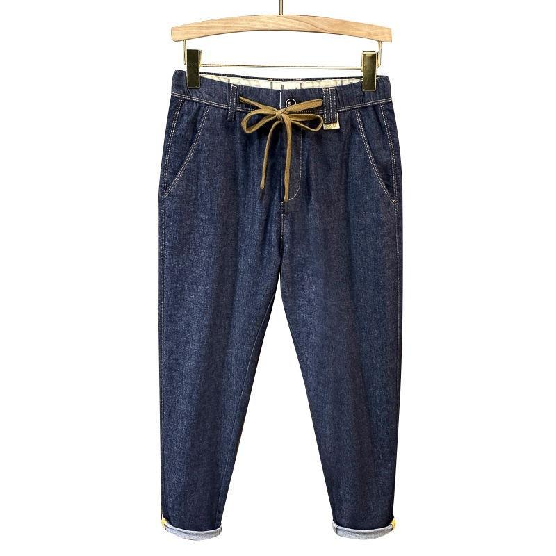 JYL Мужские укороченные джинсы Летние Эластичная талия Шнурок Узкие Прямые Деним 34 светло-серый