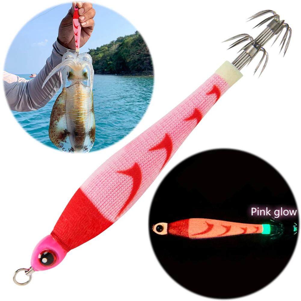 

Luminous Squid Hook Squid Fishing Lure Double Hook Cuttlefish Attracting Lure Glow In The Dark Squid Bait for Night Fishing розовый