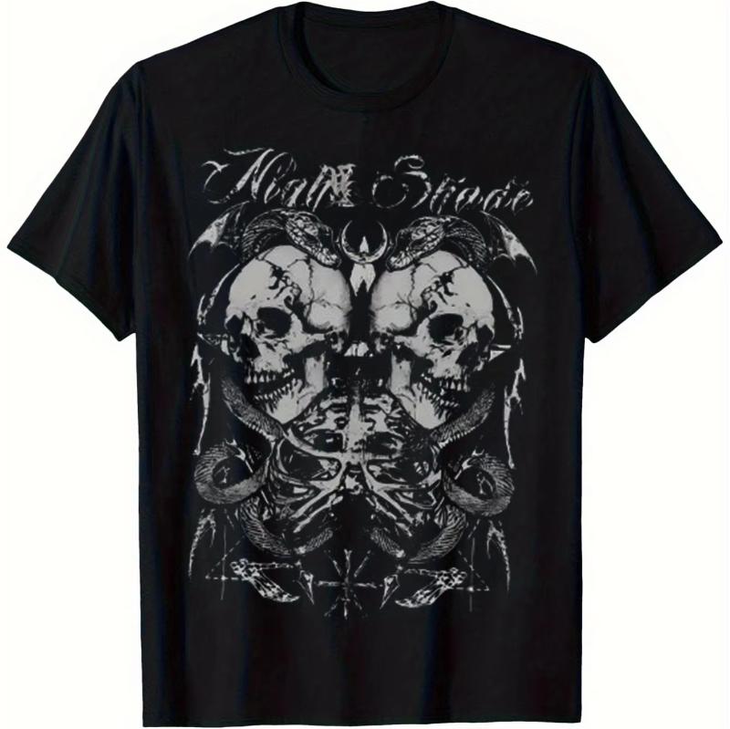 Retro style short sleeved round neck black casual Y2K summer top Unisexs Gothic snake skull pattern Tshirt S