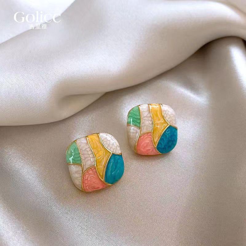 Pink Blue Grid Enamel Women's Stud Earrings Colorful Square Geometric Statement Female Bohemian Fashion Ear Zircon Brincos