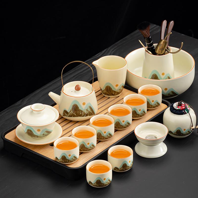 Ru Kiln Kung Fu Tea Set Qingshan Teapot Set Light Luxury Ceramic Household High-end Teapot Drinking Tea Cup