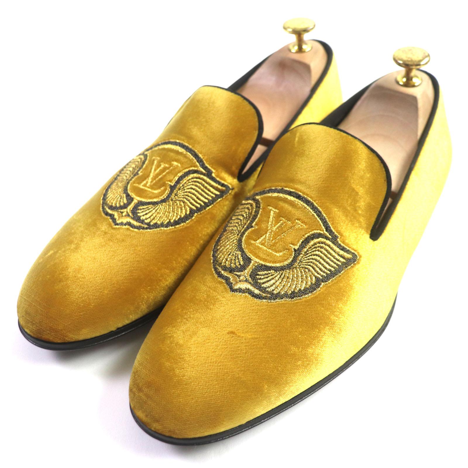 Excellent LOUIS VUITTON loafers Embroidered slip-ons yellow Velor mens 6 Used