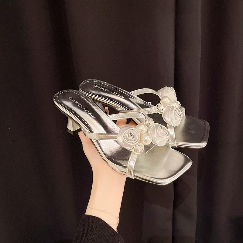 Fashion Pearl Flower Women Slippers Square Toe High Heels Shoes Luxury New Sandals Designer 2025 Summer Sexy Dress Party Woman Pumps