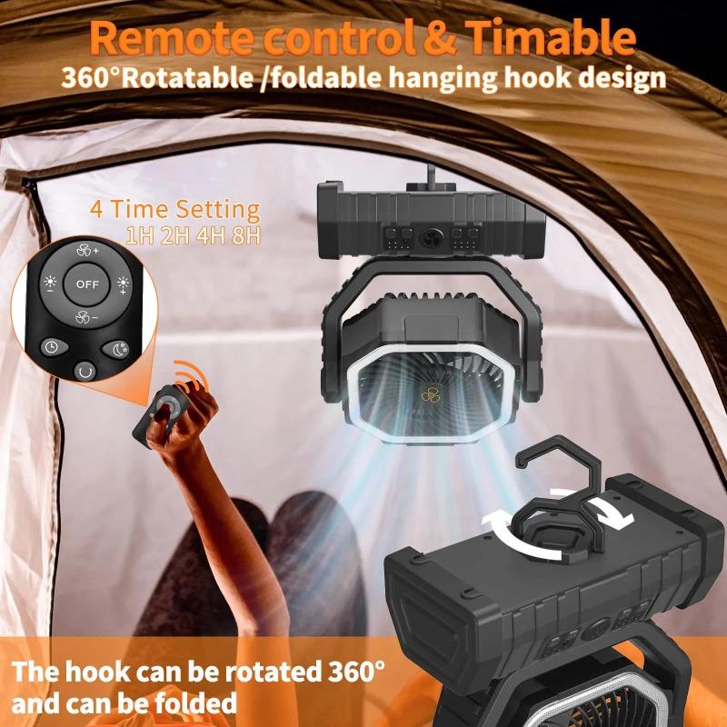 LED Light Camping Fan Movable Wireless Air Circulators Outdoor Ventilador with Hook