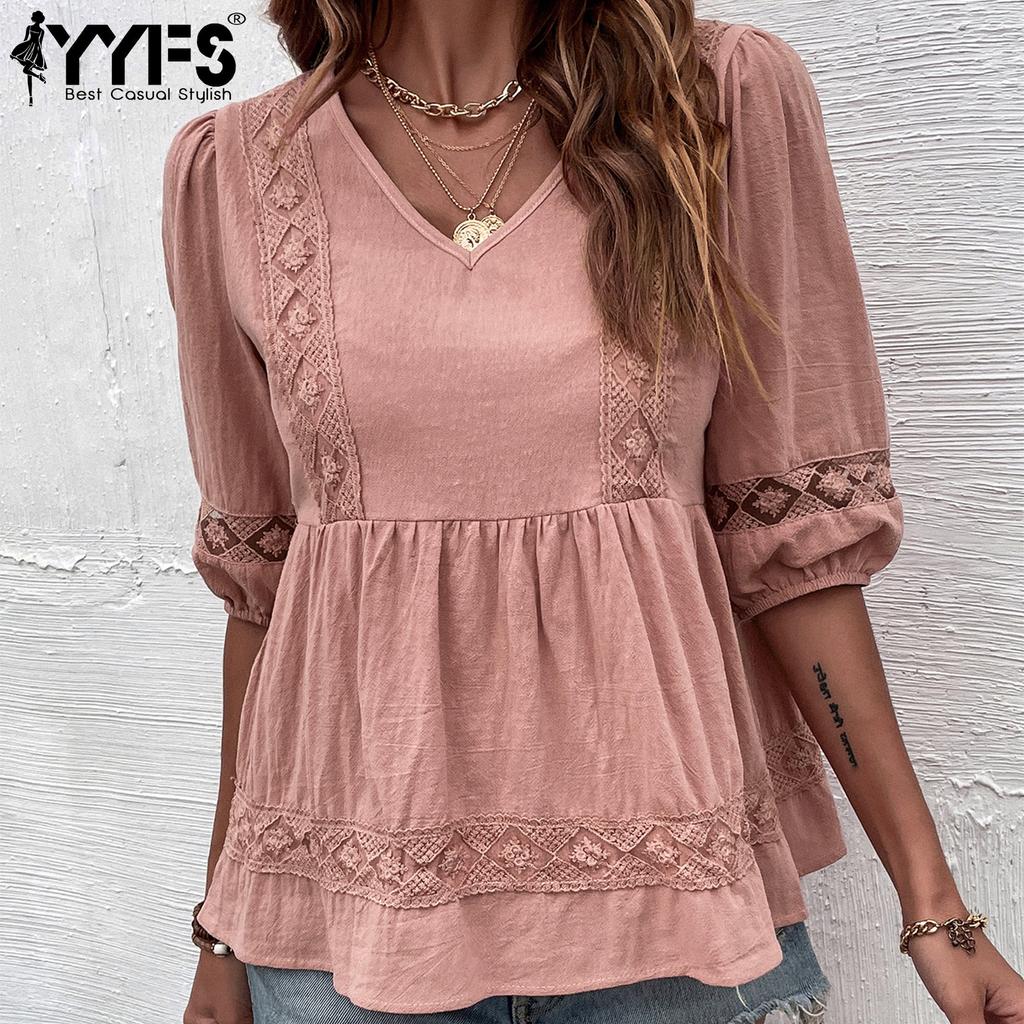 YYFS Bluze și cămăși cu mânecă scurtă, cu decolteu în V, ocazional pentru femei