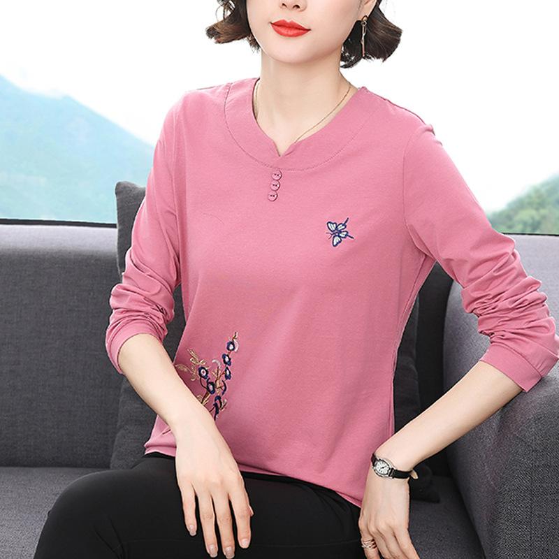 Long Sleeve Cotton T-Shirt Women Autumn Winter Loose Age-Reducing Elegant Top