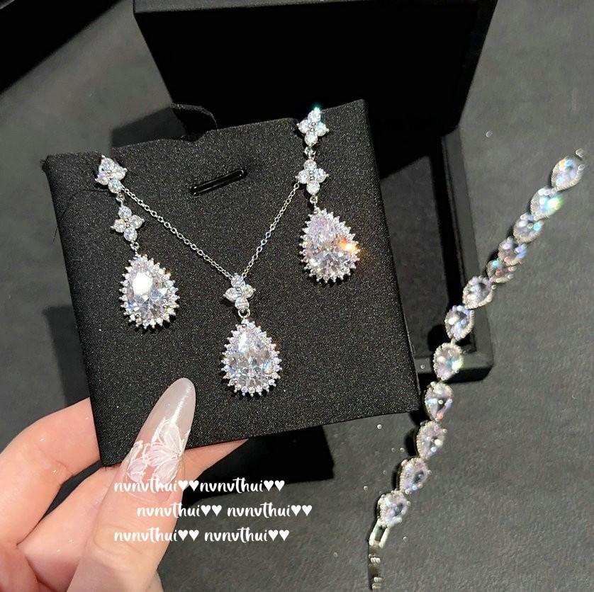 Princess Teardrop Gem Bracelet, Galaxy Bright, 18K Gold Plated, Water Drop Large Carat Zircon Earrings, Necklace