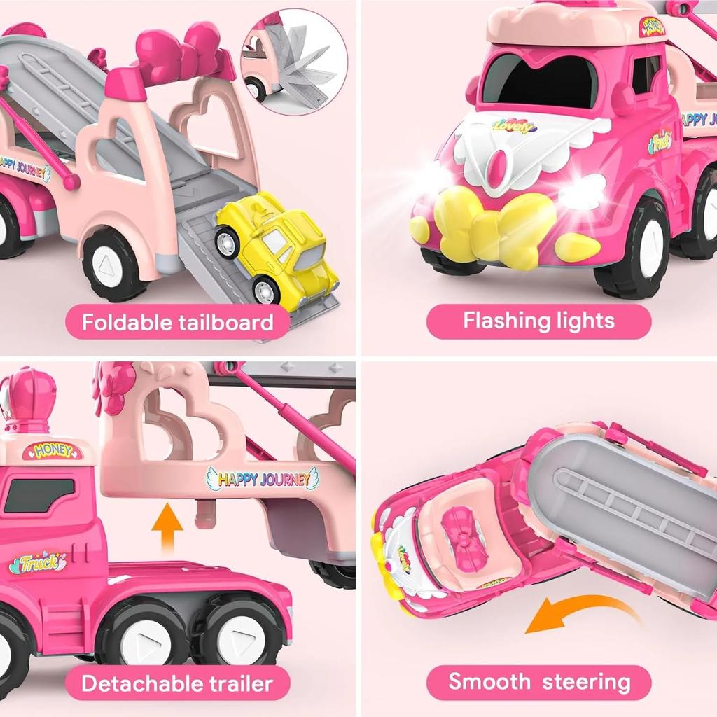 Toddler Car Toys for Girl Pink Princess Transport Carrier Trucks with Lights & Music Friction Power Birthday Christmas Gift
