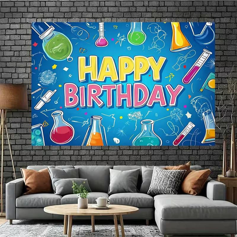 2D Flat Kids Science Party Backdrop "Happy Birthday" Lab Test Tube Background Cloth