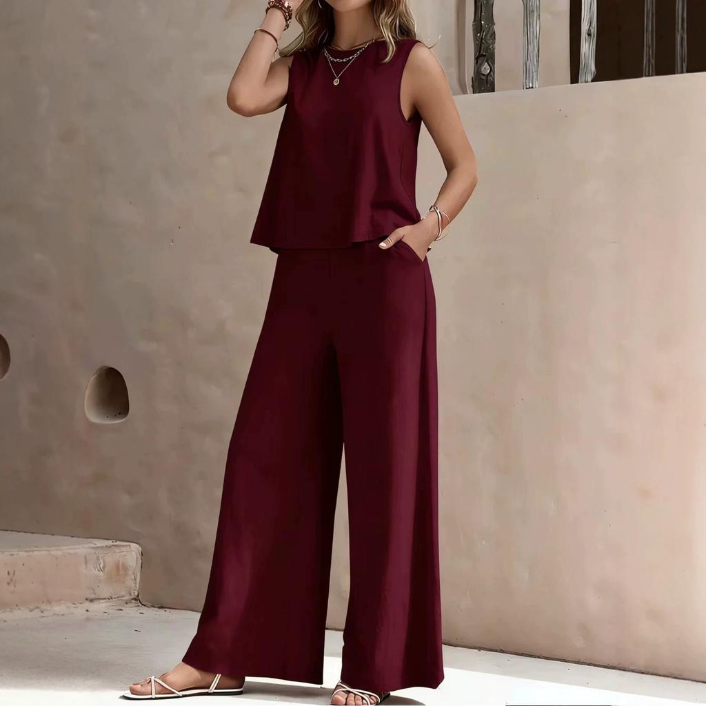 Women's Round Neck Sleeveless Tank Top and Wide Leg Pants 2 Piece Casual Set