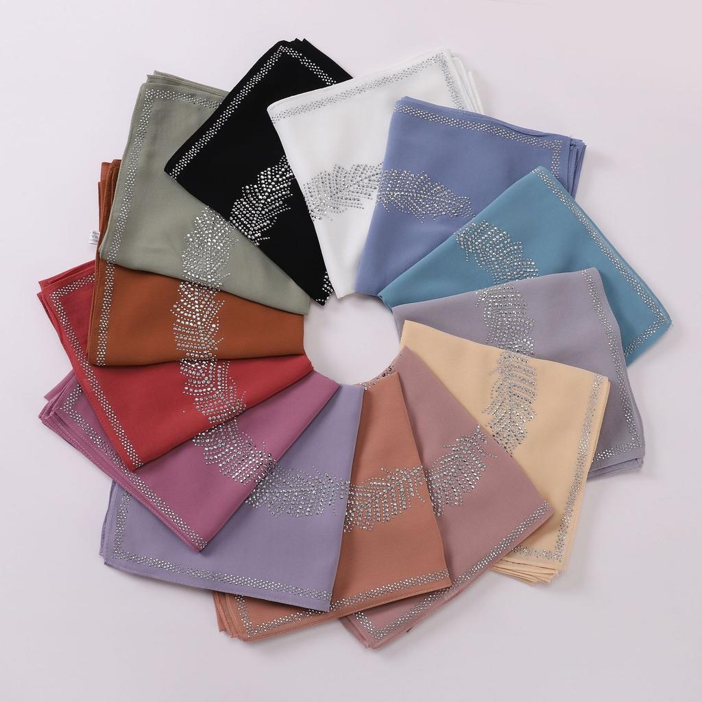 90Cm Luxury Rhinestone Feather Square Bubble Chiffon Instant Hijabs Shawls Lady High Quality Wrap Bufandas Ramadan Muslim Sjaal