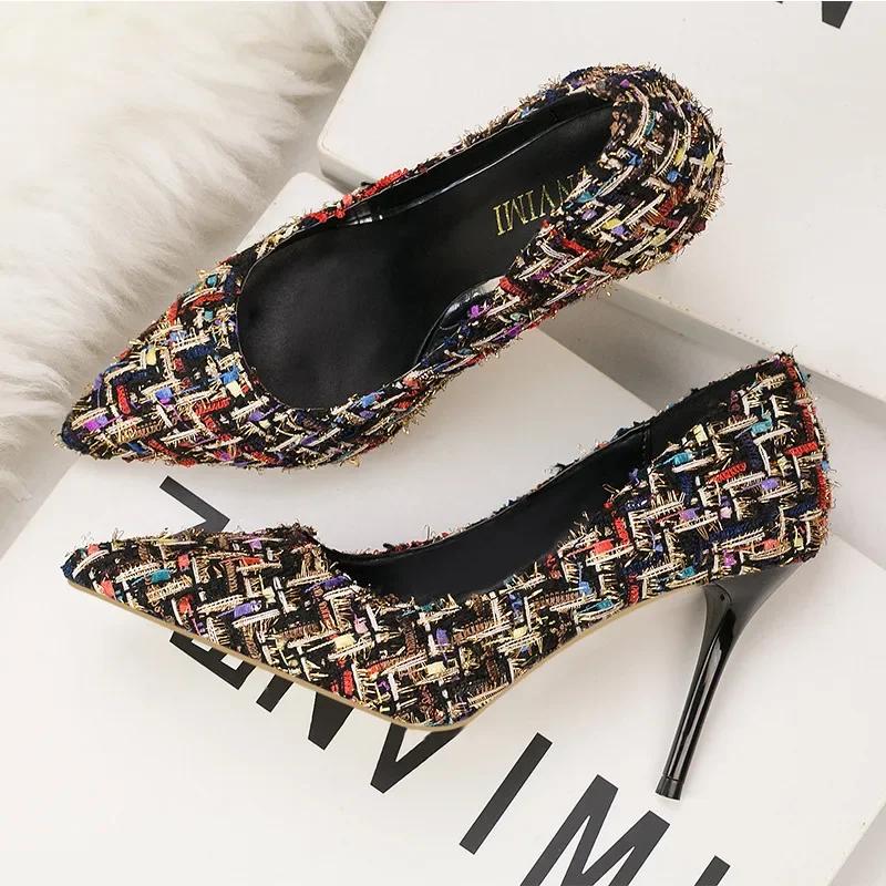 Elegant Ladies Shoes Tweed Cloth Pointed Toe Mixed Color Slip On Fashion Thin High Heels Shallow Party Sexy Woman Shoes Footwear