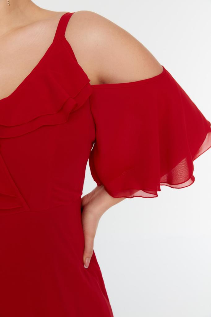Moda damska Nowa sukienka w dużych rozmiarach, czerwona, tkana, z podwójnym kołnierzem, szyfonowa suknia wieczorowa