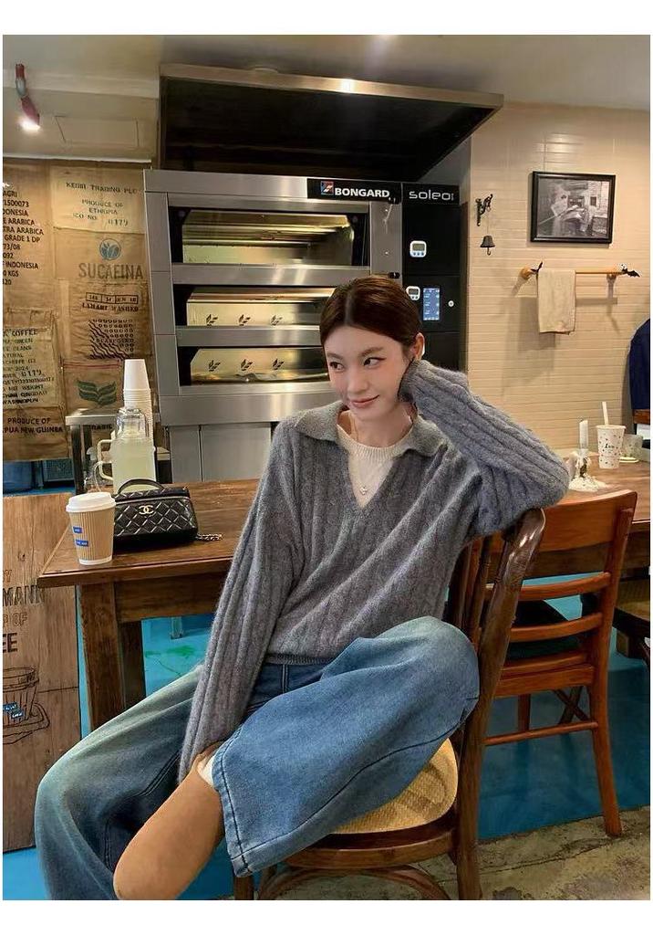 Women's Two-Piece Look Polo Collar Wool Sweater - Thick and Loose Knitwear for Autumn/Winter