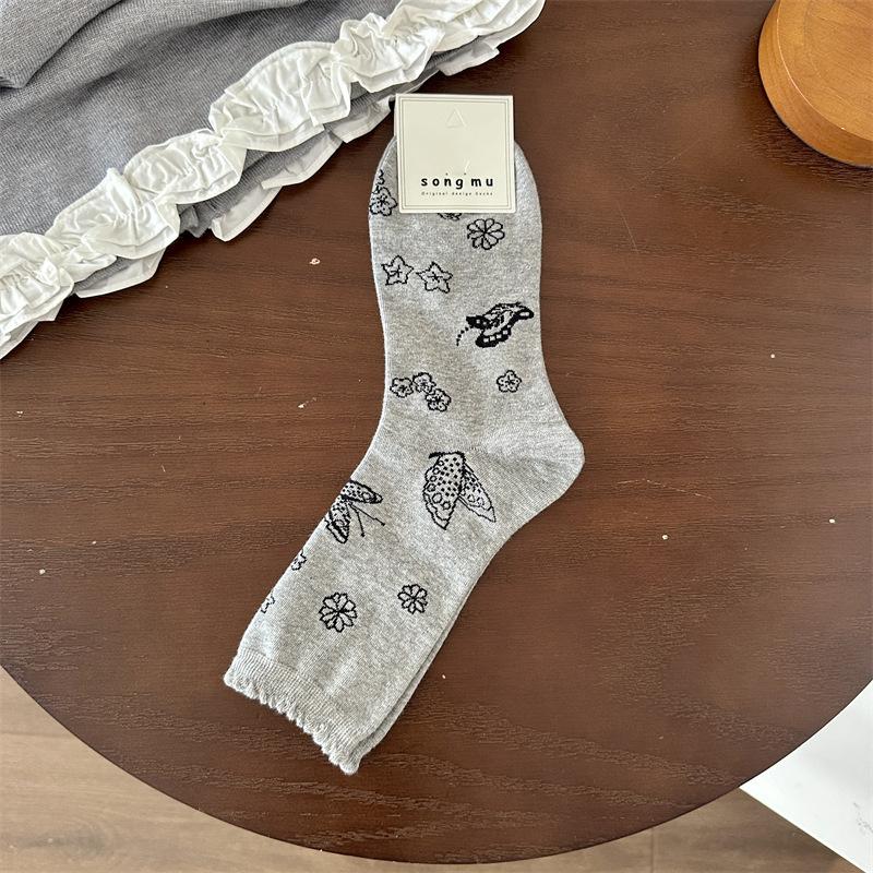 Mori Socks Women'S College Wind Fungus Edge Butterfly Trend Retro Women'S Cotton Socks Medium Tube Socks