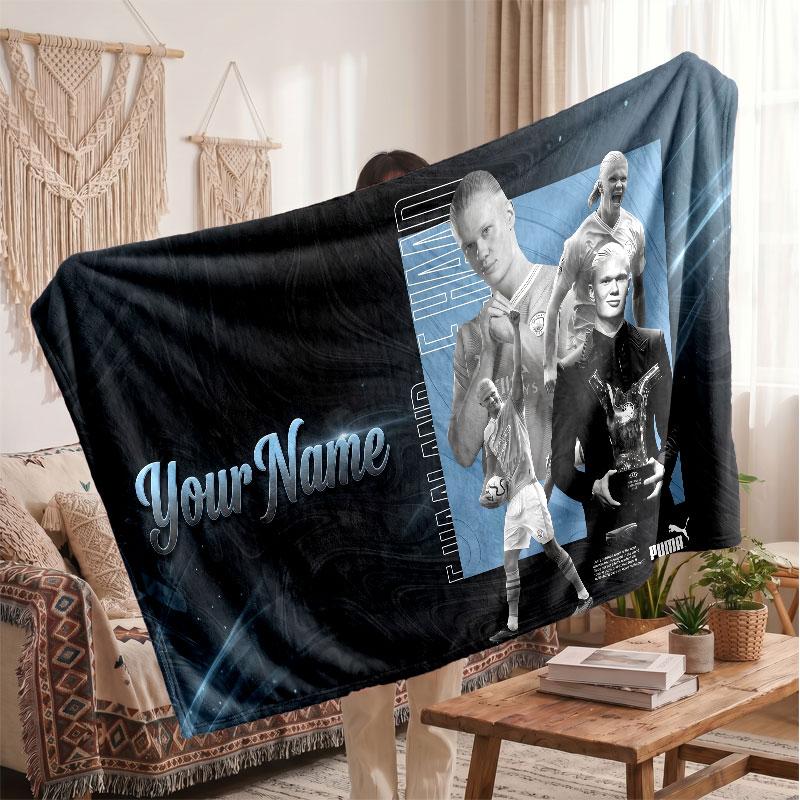 Erling Haaland Personalized Fleece Blanket With Football Logo, Custom Name Text Soft Warm Home Throw Blanket