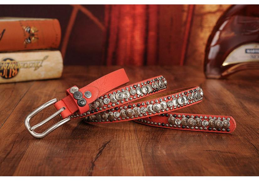Ethnic Style Retro Rivet Leather Belt with Rhinestone Inlays for Women