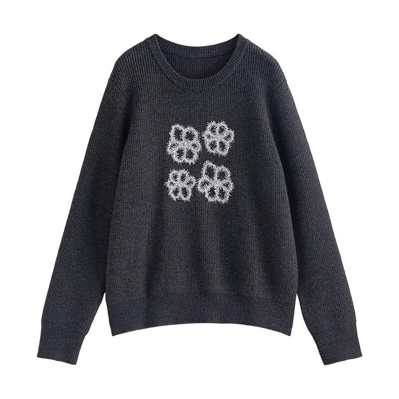 Chuyu Women's Retro Floral Jacquard Round Neck Sweater