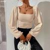 Summer and Autumn European and American Unique and Elegant Square Collar Lantern Sleeve Wooden Ear Elastic Tight Women's Base Top