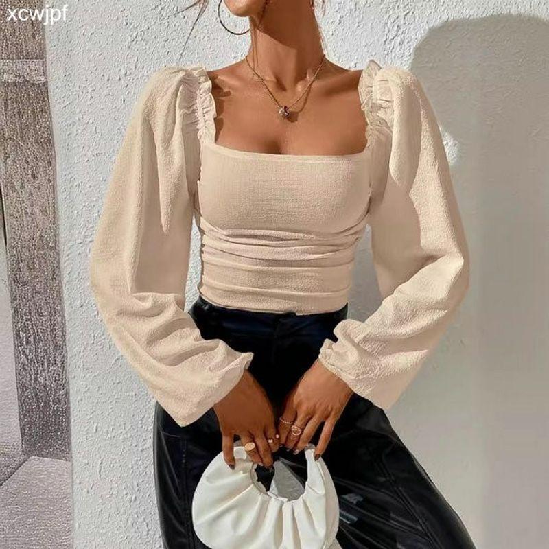 

Summer and Autumn European and American Unique and Elegant Square Collar Lantern Sleeve Wooden Ear Elastic Tight Women s Base Top Default