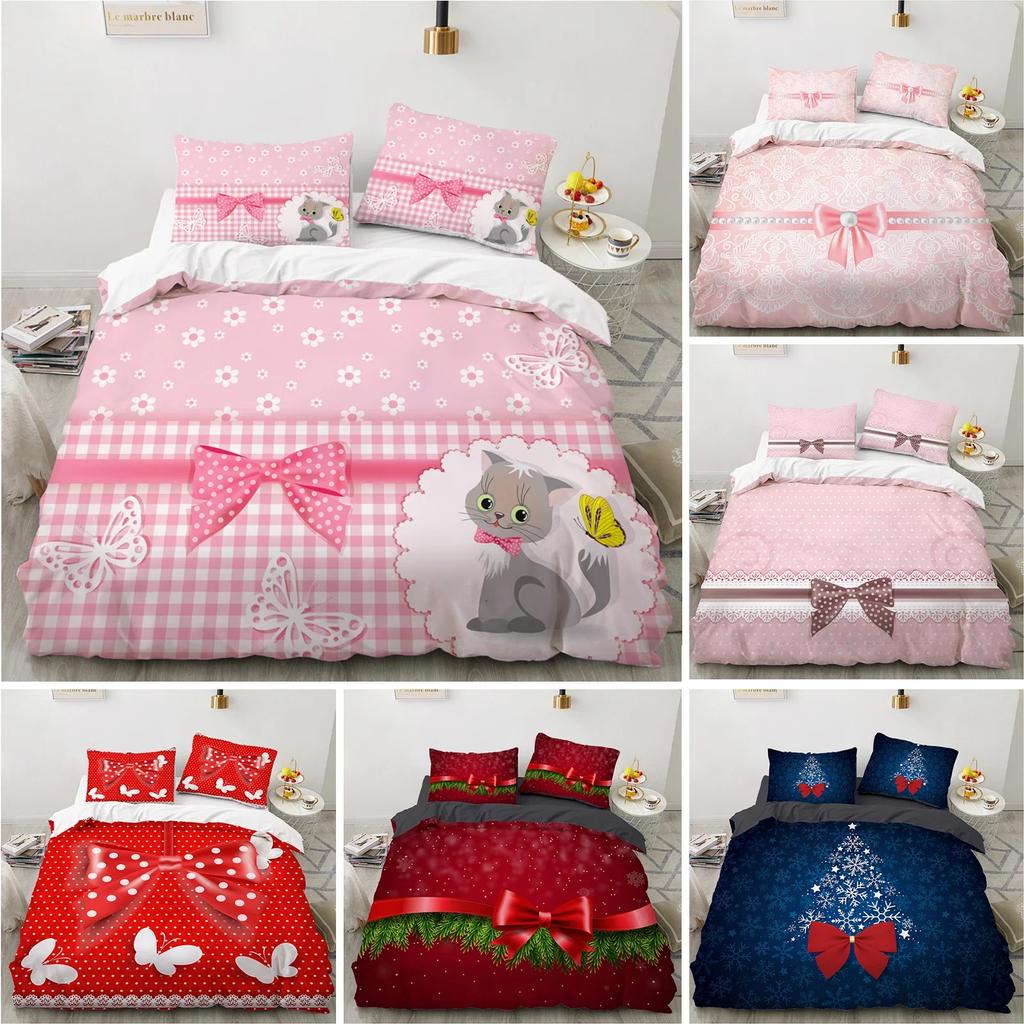 3D Printed Bow Pink Comfortable Duvet Quilt Cover Pillowcase Bedding Set Children Bedroom Decoration Home Textile