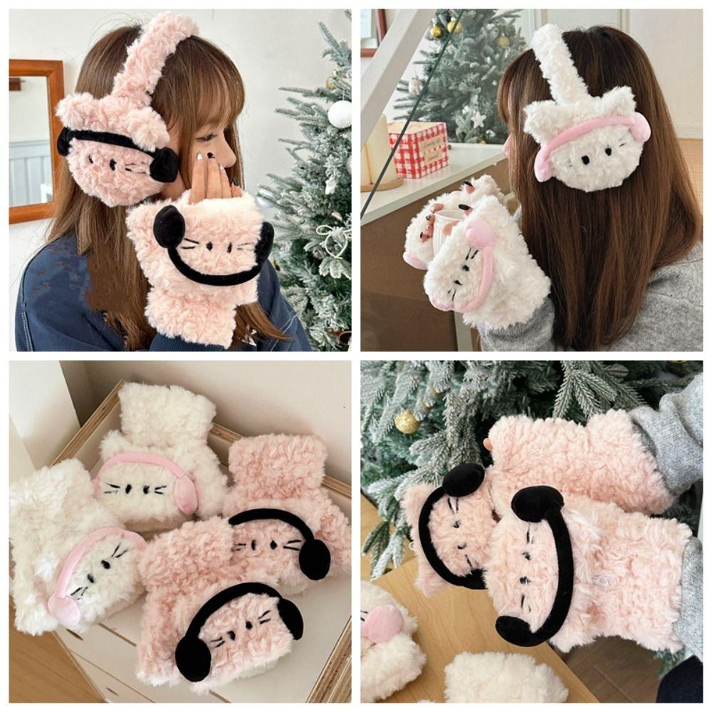 

Keep Warm Half Finger Gloves Windproof Cartoon Mittens Soft Fingerless Gloves Girls Gloves-White