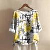 Women's Casual Mid-sleeve Round Neck Retro Floral Print Cotton And Linen Top