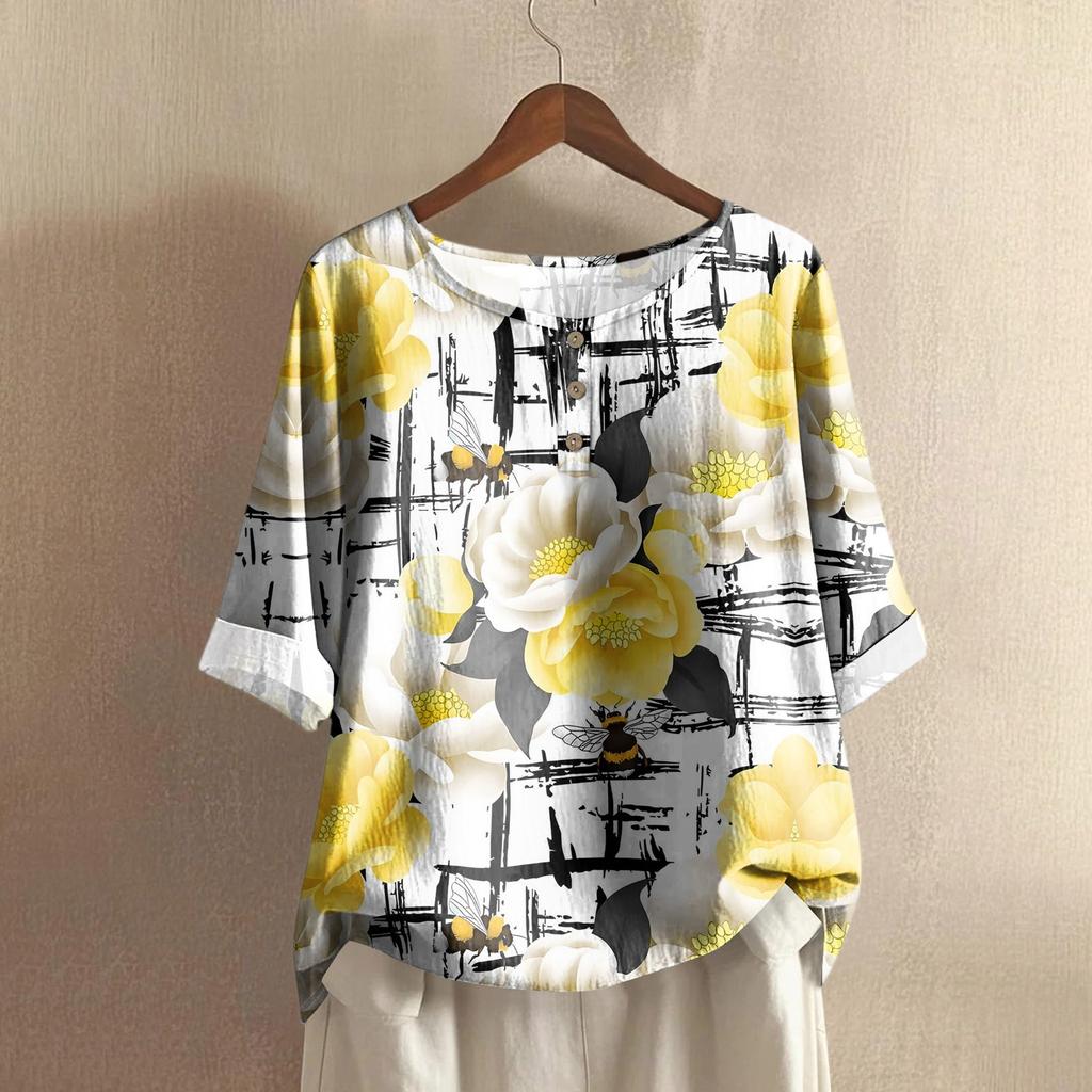 Women's Casual Mid-sleeve Round Neck Retro Floral Print Cotton And Linen Top