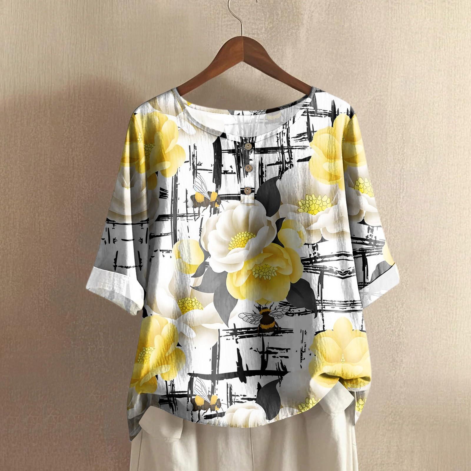 

Женский повседневный топ с рукавом средней длины, круглым вырезом, в стиле ретро, с цветочным принтом, из хлопка и льна XL жёлтый