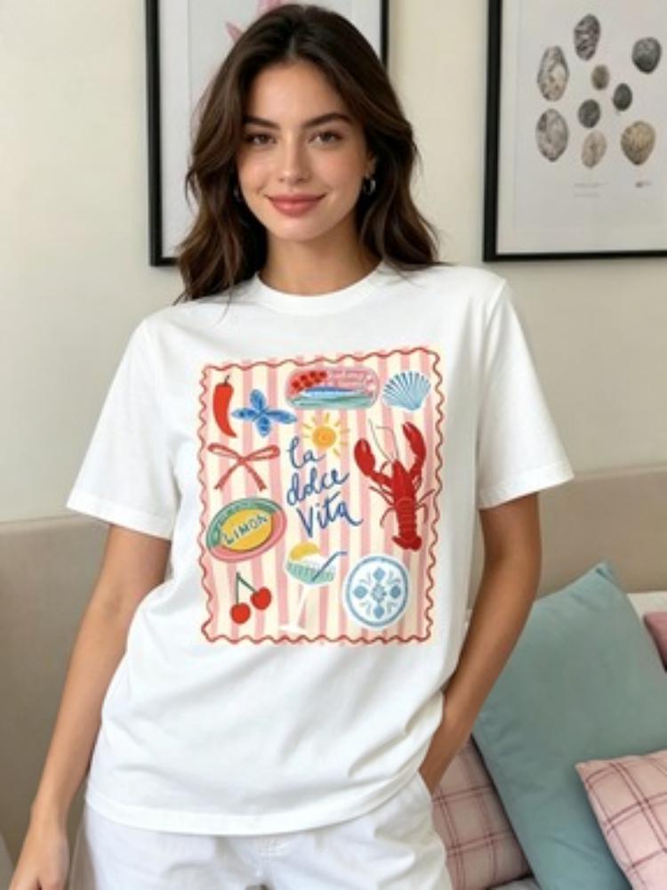 La Dolce Vita Mediterranean Collage Print TShirt for Unisex Casual Crew Neck Short Sleeve Italian Summer Aesthetic Tee