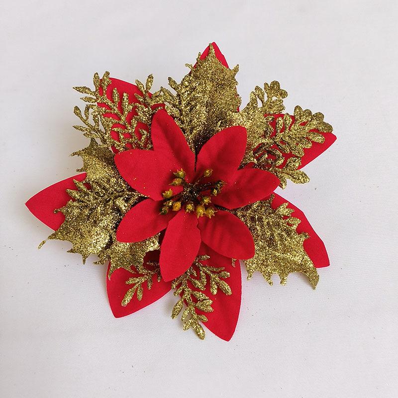 Різдвяна ялинкова прикраса із золотим порошком 14 см. Блискуча імітація квітів, різдвяний вінок, кулон, домашній новорічний декор для вечірки