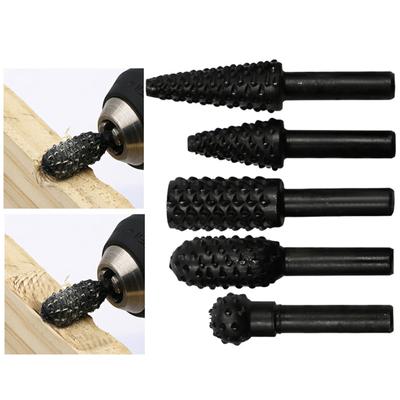 5PCS 1/4'' Drill Bit Rotary Rasp File Set for Woodworking Knife Wood Carving Tool Carpentry Wood Cutting Tools Bit Set