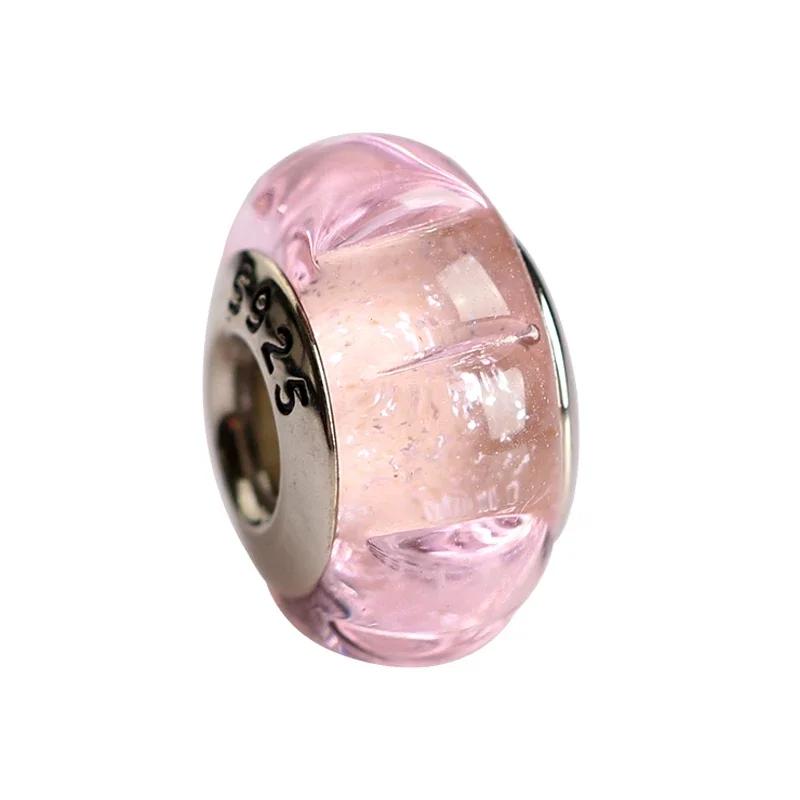 Copper Pink Flower Murano Glass Beads Charm Fit Original Bracelet Necklace Faceted Murano Diy Women Luxury Jewelry