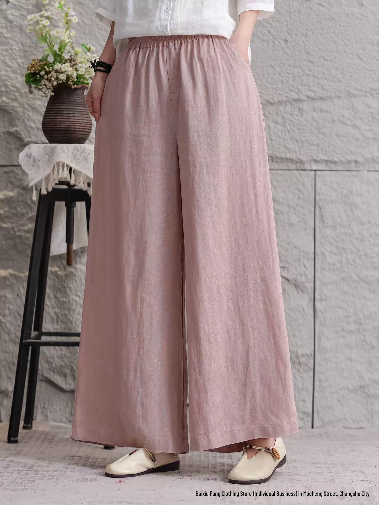 

Women s 2026 Summer Linen Wide-Leg Pants: Solid Color, Loose Fit, Large Size, Casual Fashion One Size