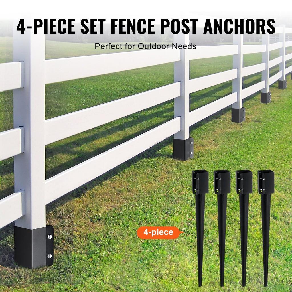 Fence Post Anchor Ground Spike, 4 Pack 36 X 4 X 4 Inches Outer Diameter (Inner Diameter 3.5 X3.5 Inches), Metal Black Powder Coated Post Stake Ground,