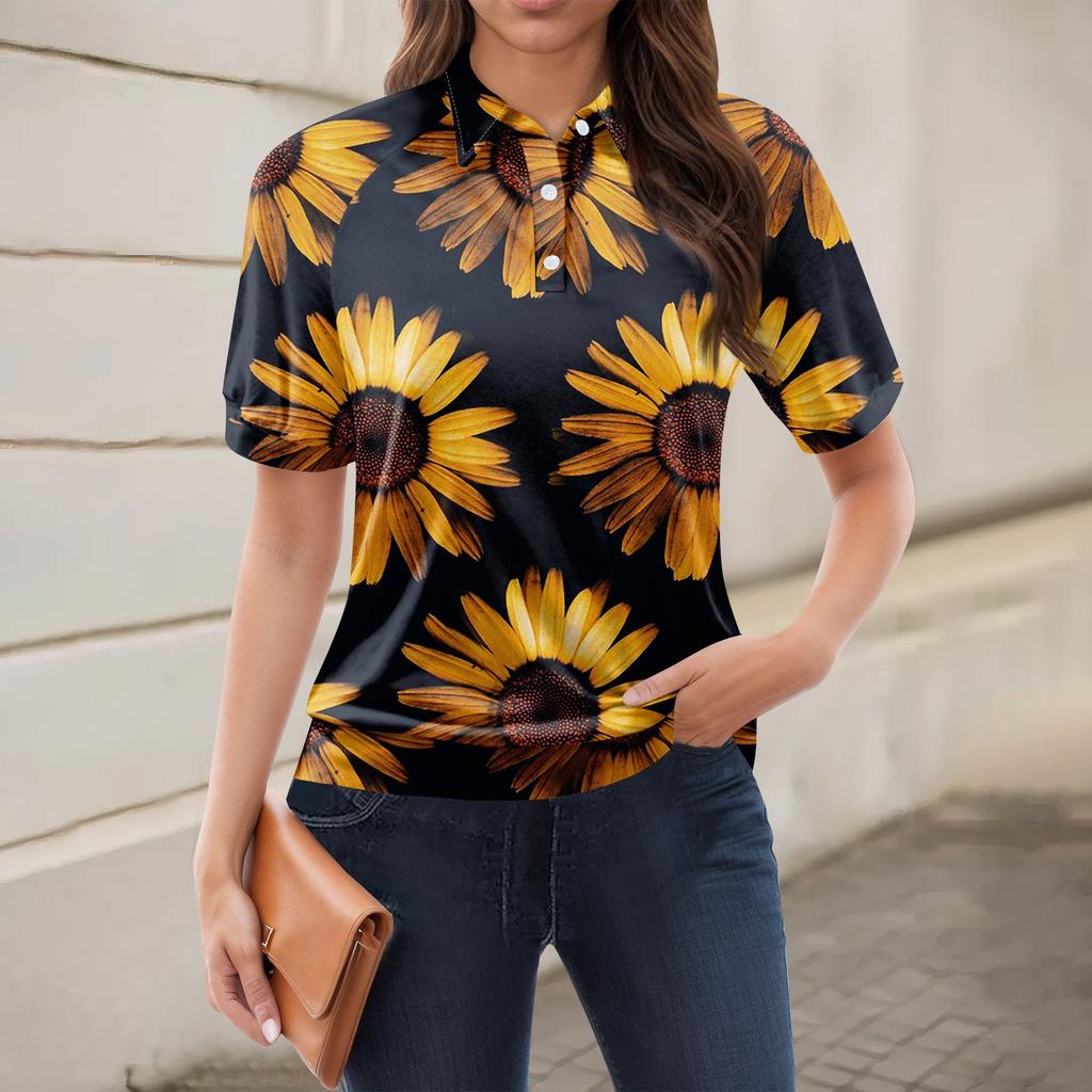 Kvinners uformelle blomstertrykk V-hals kortermet dekorativ knapp T-skjorte topp