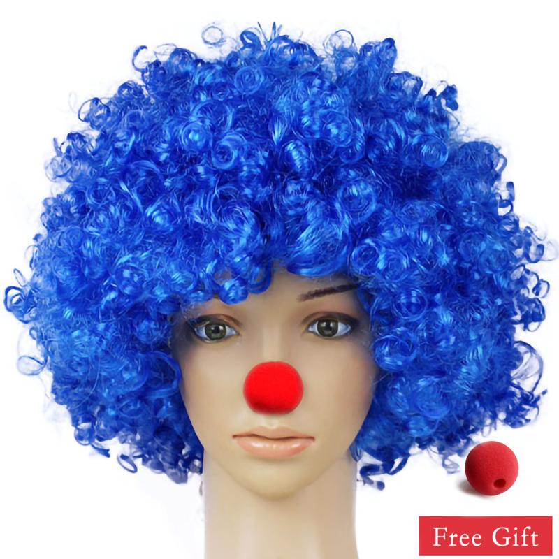Parrucca da Clown Colorata Afro Riccia Sintetica Cosplay per Uomini Donne Parrucca per Festa di Carnevale Rossa Verde Gialla Blu Naso da Clown