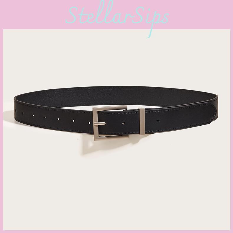 Solid Square Buckle Color Leather Belt Metal Decoration Black Fashion Girdle