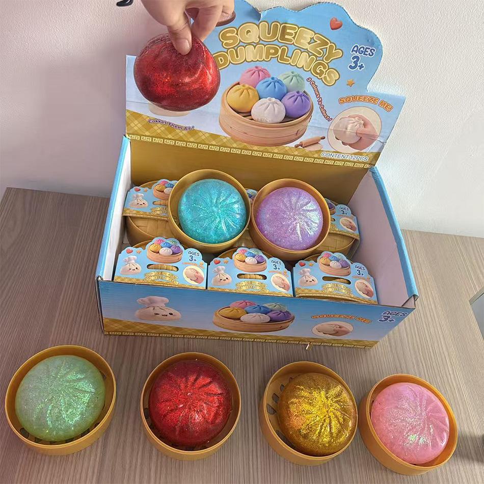 1-12pz Giocattoli Squishy a Forma di Raviolo Glitterati con Scatola Raviolo Sensoriale Spremibile Giocattolo per Alleviare lo Stress per Adulti e Bambini