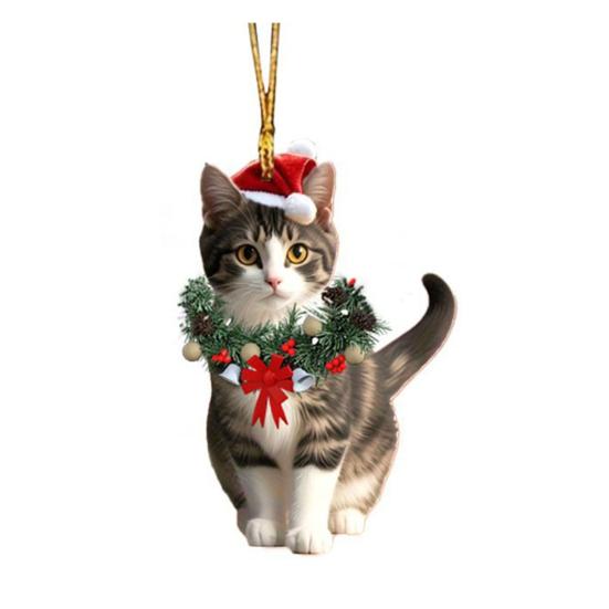 Christmas Pendant 2D Acrylic Cat Wearing Xmas Wreath Charm Car Hanging Ornament Home Office