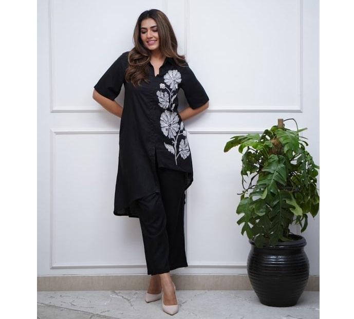 

Индийский Болливуд Курти Комплект со шнурком Праздничная одежда Женский Болливуд Топ Туника Курта Брючный комплект XL чёрный