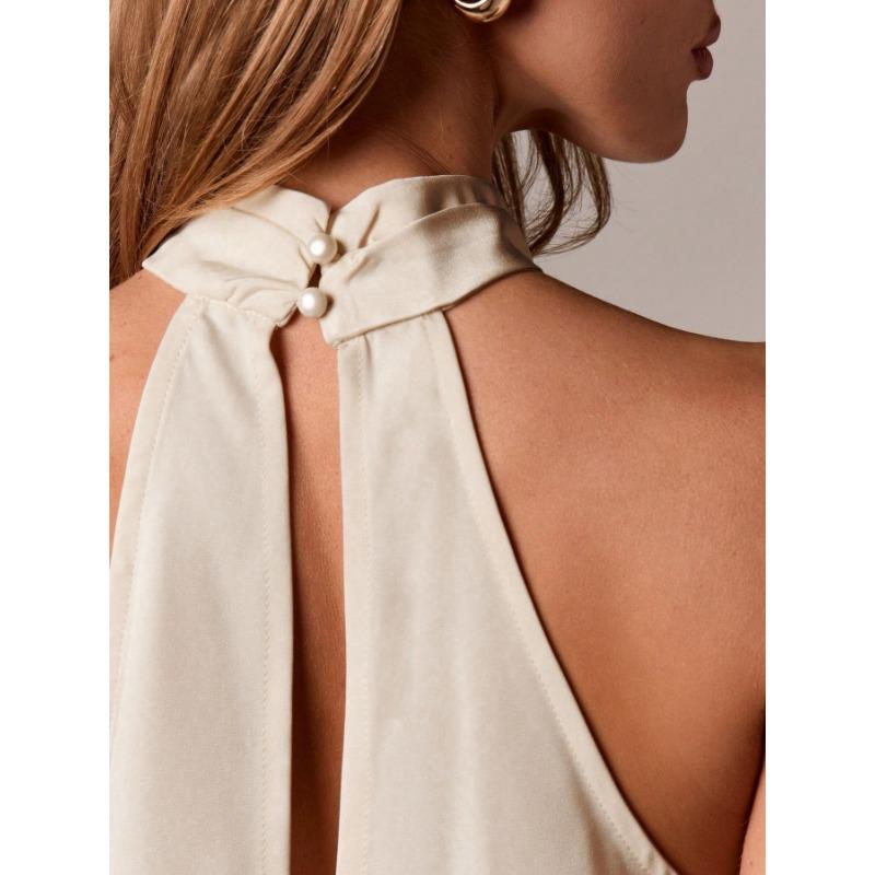 Summer New Women's Fashionable Sleeveless Satin Halter Neck Top with Lace Trim