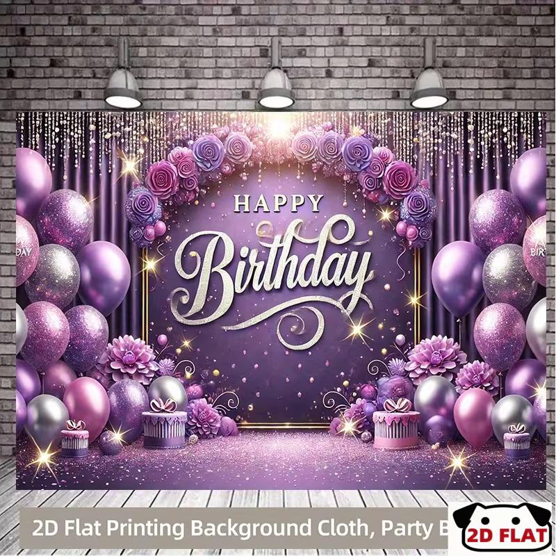 

2D Happy Birthday Banner Purple Silver Glitter Balloon Backdrop Photography Background Party Decor 47.2x31.5inch/120*80cm