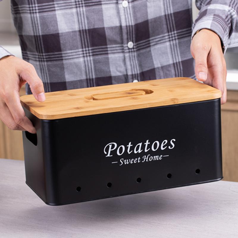 Potato Storage Jar, Onion, Garlic Head, Breathable Kitchen Square Bamboo Cover, Potato Dark Metal Storage Box