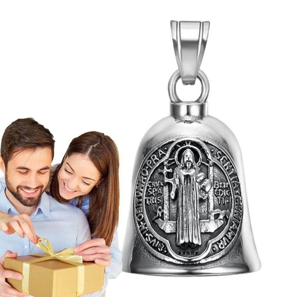 Saint Benedict Motorcycle Guardian Bell Retro Biker Good Luck Charm Religious Cross Key Chain