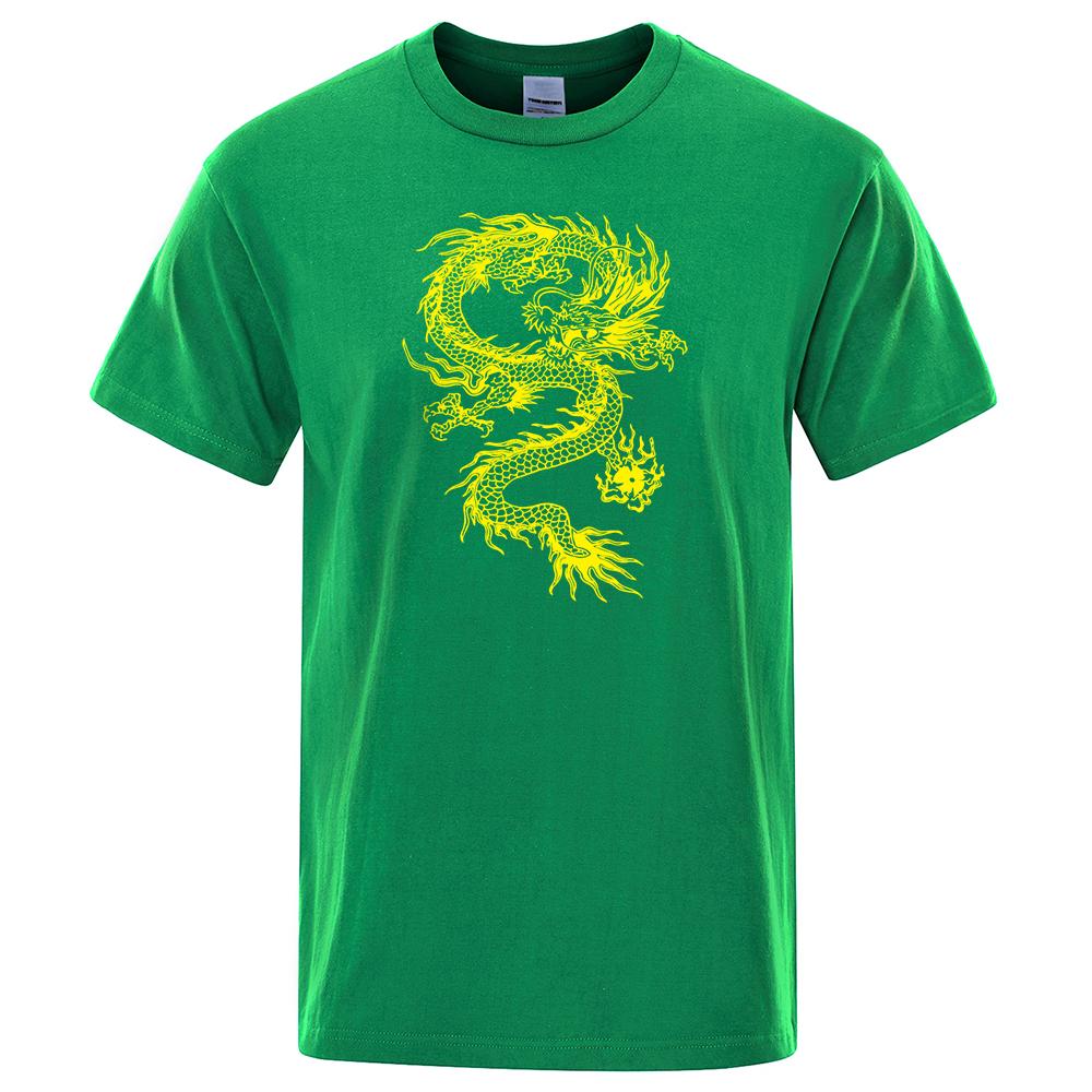 Chinese Style Yellow Dragon Printing Mens T-Shirt Cotton Loose T-Shirt Cotton Brand Oversized Streetwear Breathable Tshirt