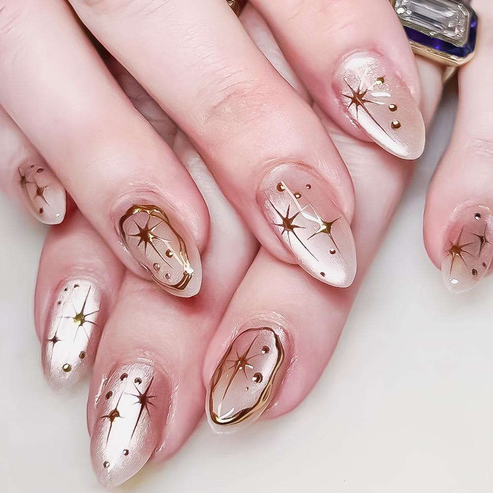 Gold Star Nail Art: 30 Piece Cat Eye Rhinestone Gilded Press-On Nails